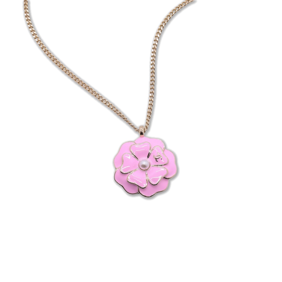 CCN043 Chanel Pink/Black enamel camellia pendant necklace for women - ccjewelryacc