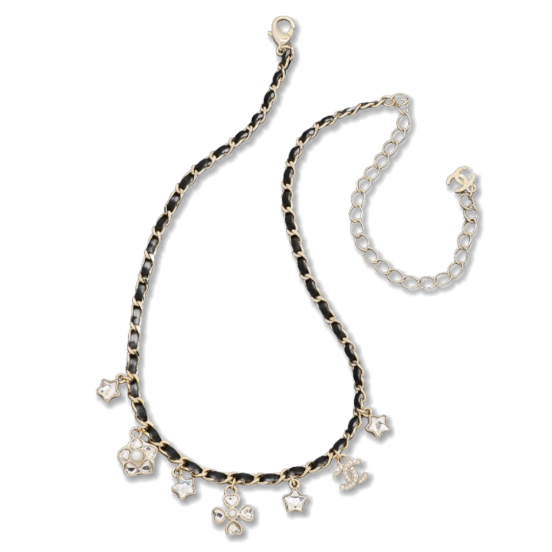 CCN151 Chanel metal leater chain crystal stars four clover charms choker necklace - ccjewelryacc