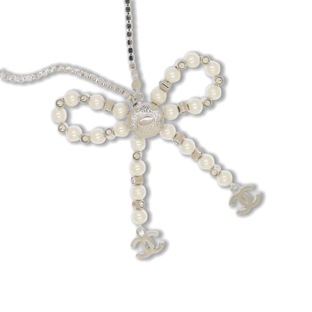 CCN221 Chanel White gold crystal pearl bow tassels necklace - ccjewelryacc