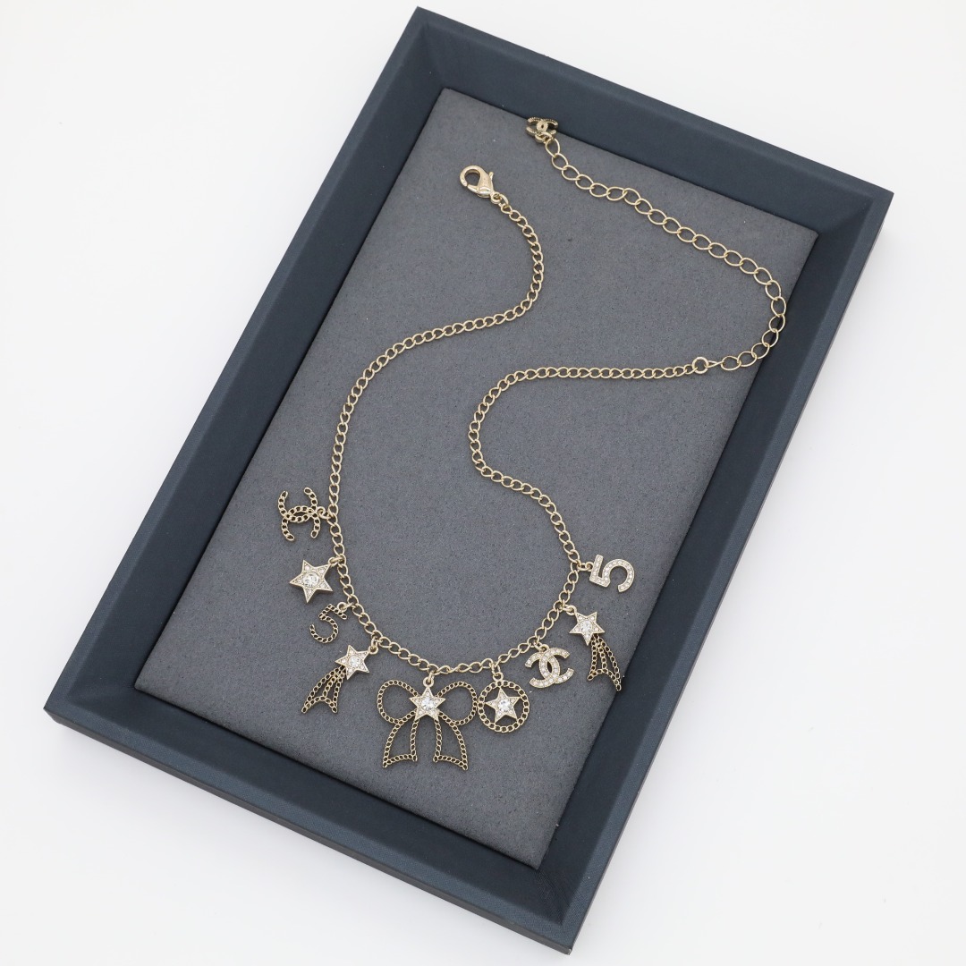 CCN451 Chanel star bow No 5 charms choker necklace for women - ccjewelryacc