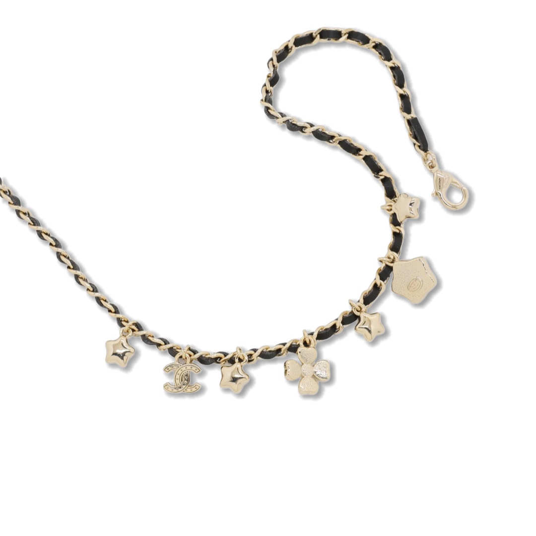 CCN151 Chanel metal leater chain crystal stars four clover charms choker necklace - ccjewelryacc