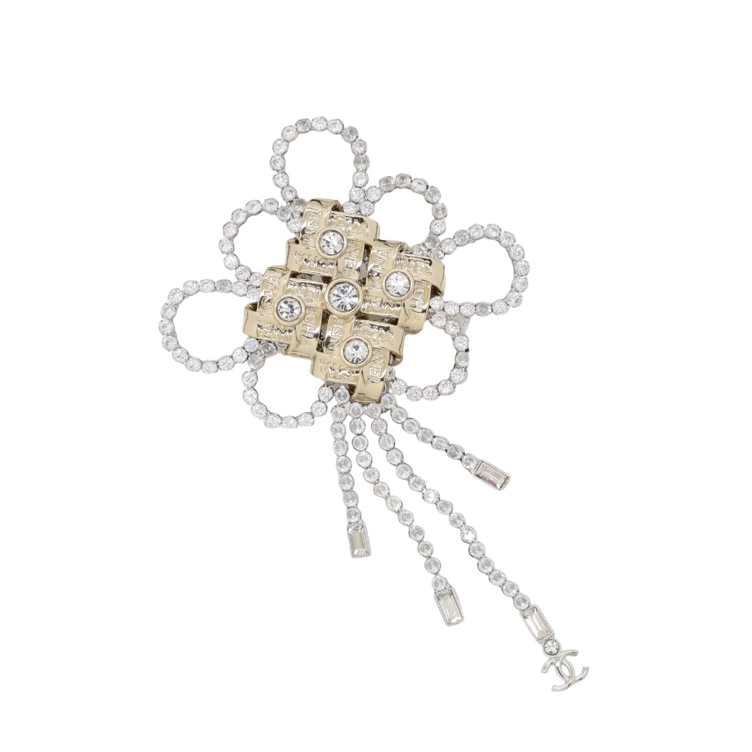 BCB602 Chanel light gold crystal flower tassels brooch pin - ccjewelryacc