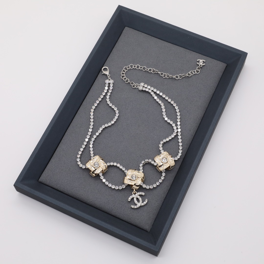 CCN148 Chanel double layer crystal tennies chain choker necklace for women - ccjewelryacc