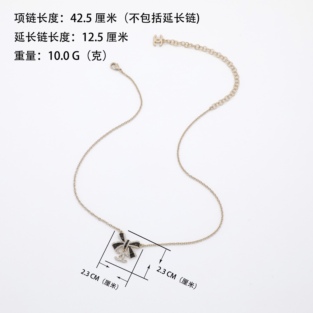 CCN141 Chanel Black enamel Bow with crystal cc logo pendant necklace for women - ccjewelryacc