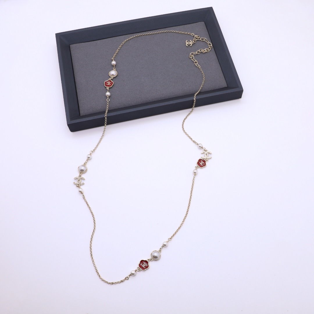 CCL128 Chanel red camellia charms long chain sweater Necklace for women - ccjewelryacc