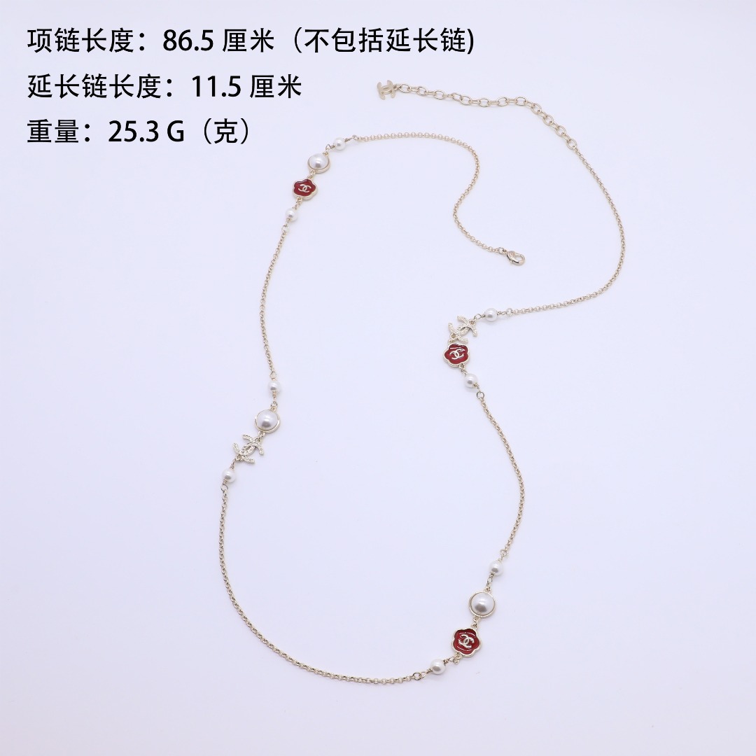 CCL128 Chanel red camellia charms long chain sweater Necklace for women - ccjewelryacc