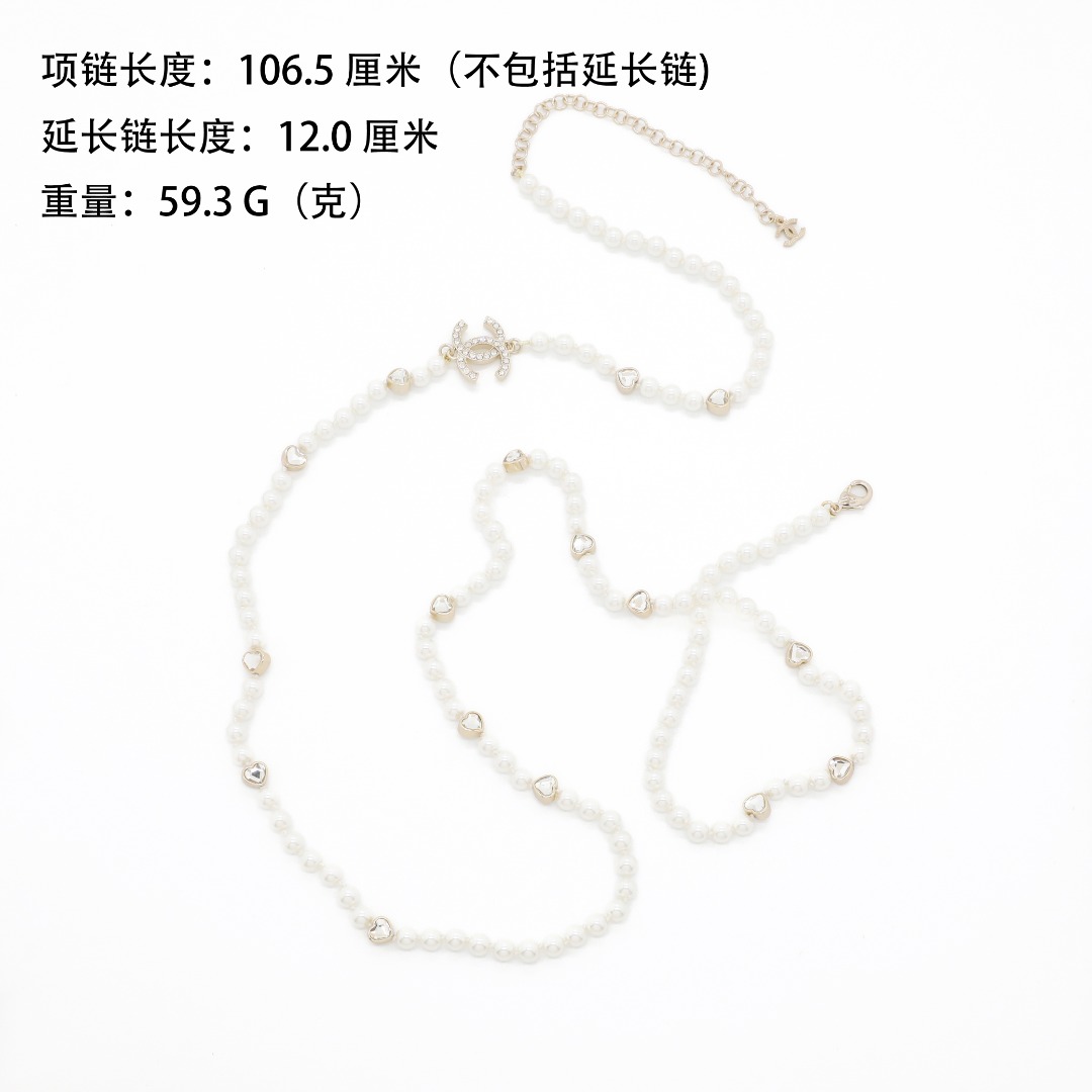 CCL337 Chanel heart crystal cc pearl long chain necklace for women - ccjewelryacc