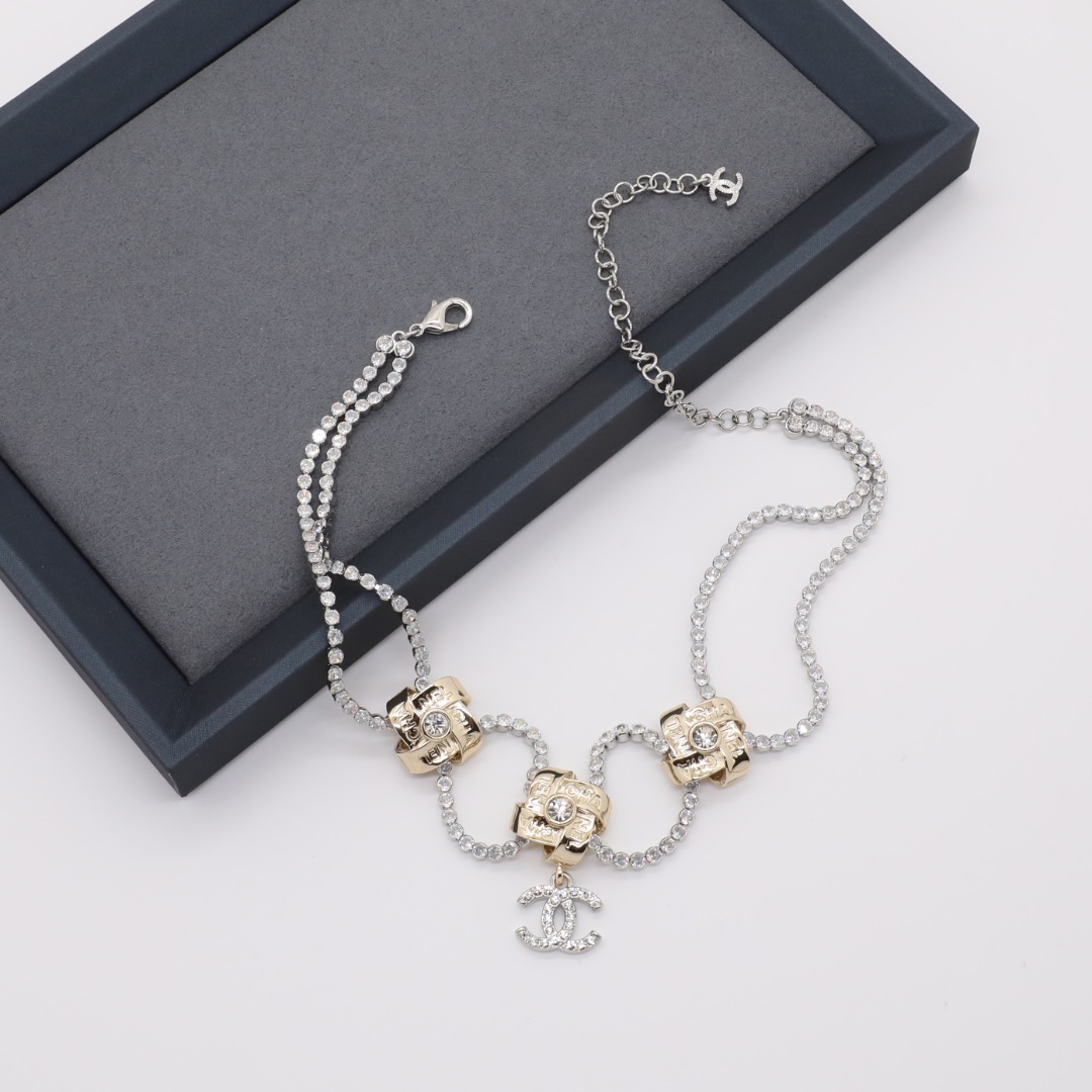 CCN148 Chanel double layer crystal tennies chain choker necklace for women - ccjewelryacc