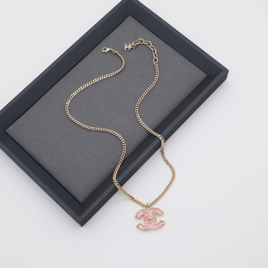 CCN145 Chanel pink acrylic cc logo pendant necklace for women - ccjewelryacc