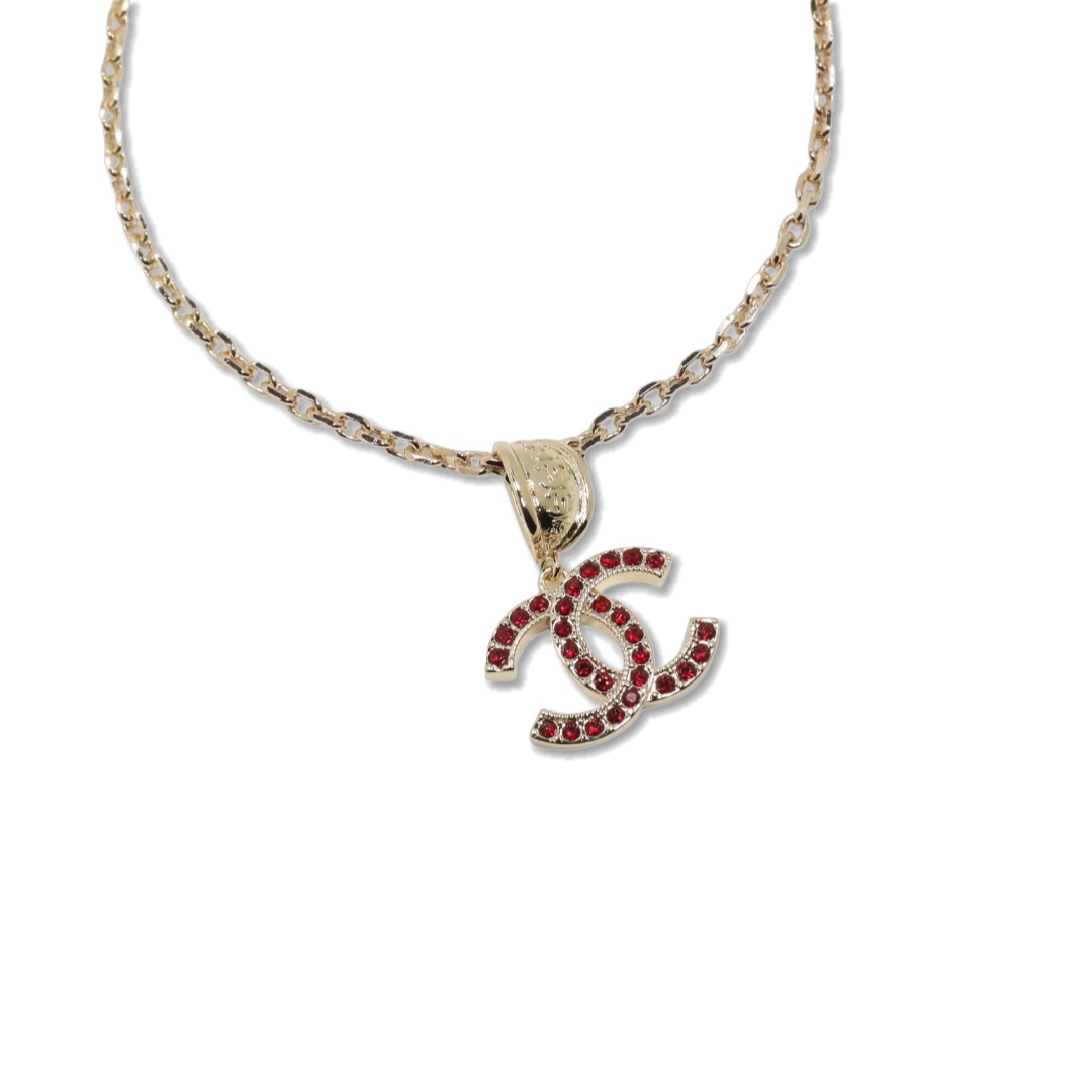CCN194 Chanel red crystal cc logo pendant necklace for women - ccjewelryacc