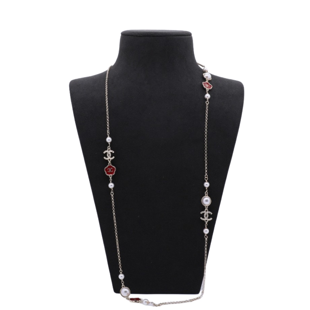 CCL128 Chanel red camellia charms long chain sweater Necklace for women - ccjewelryacc