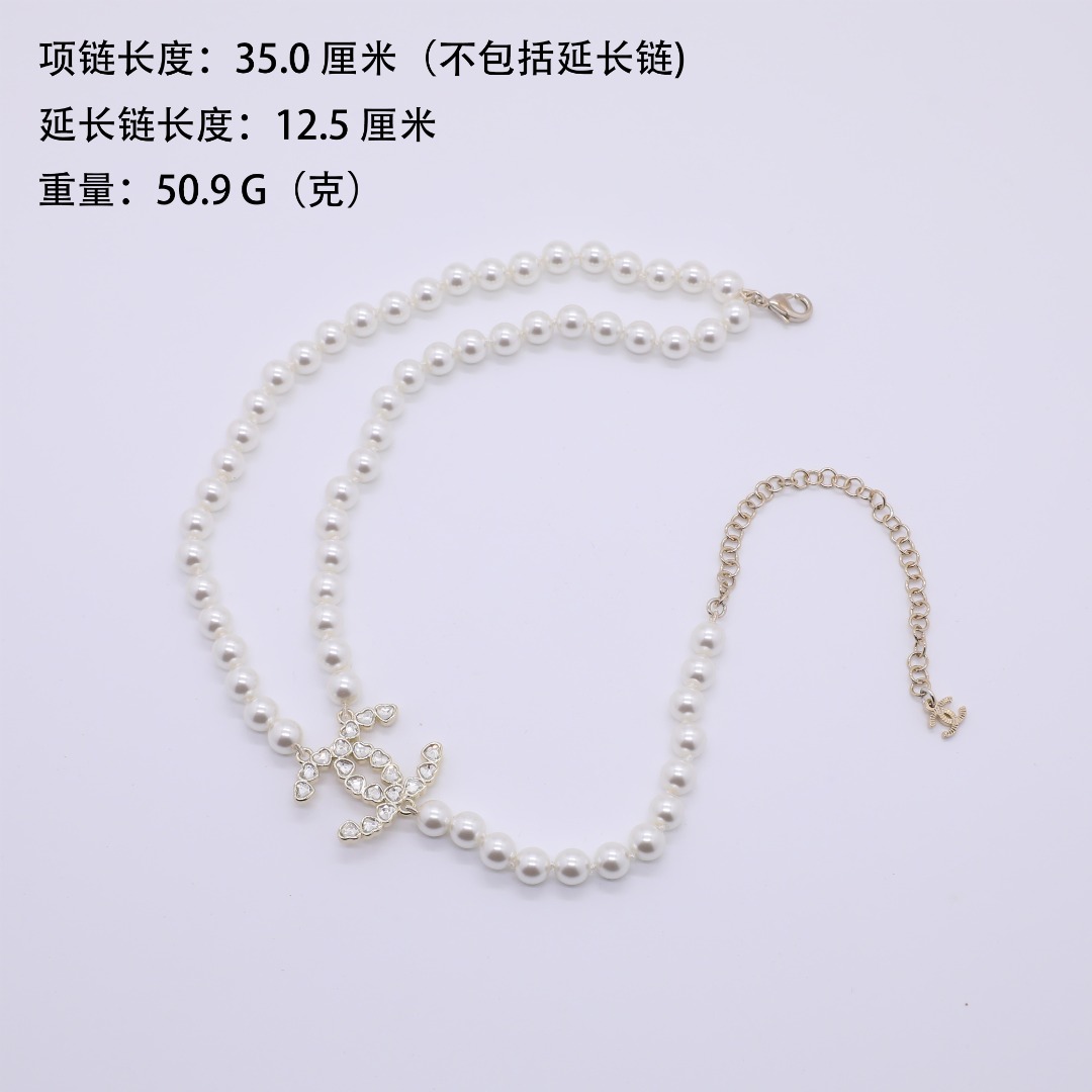 CCN158 Chanel crystal heart cc logo pearl necklace for women - ccjewelryacc