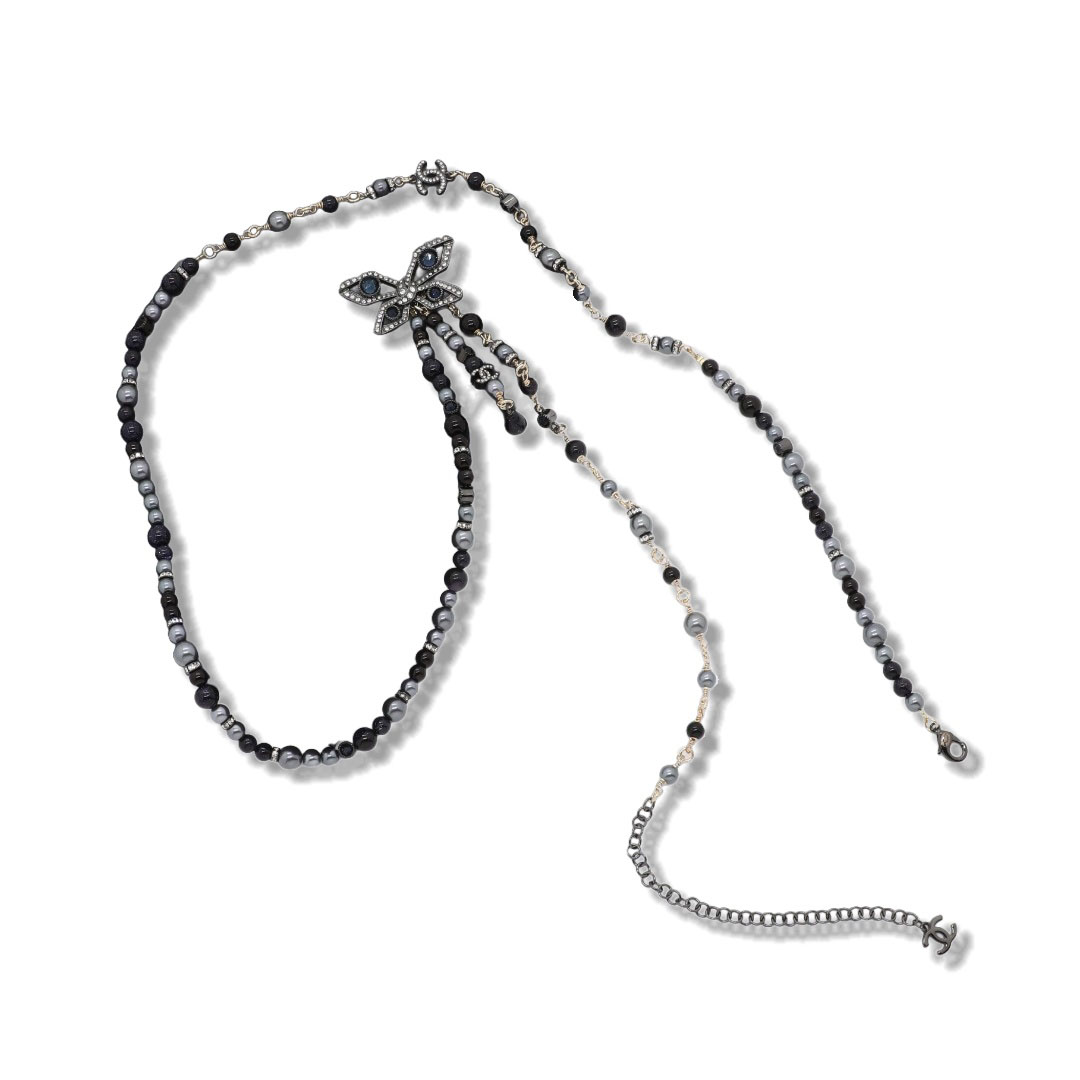 CCL069 Chanel vintage black pearl butterfly tassels long chain sweater necklace for women - ccjewelryacc