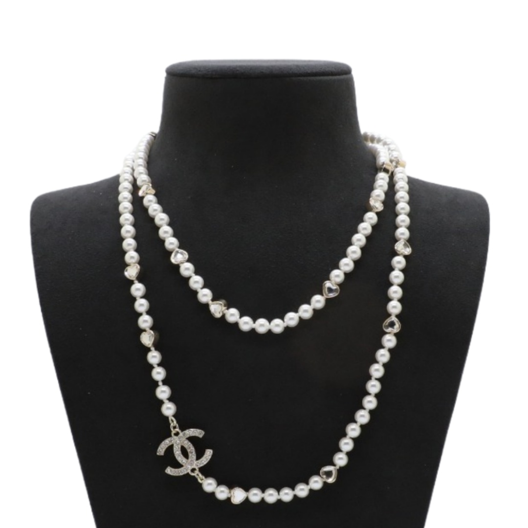CCL337 Chanel heart crystal cc pearl long chain necklace for women - ccjewelryacc