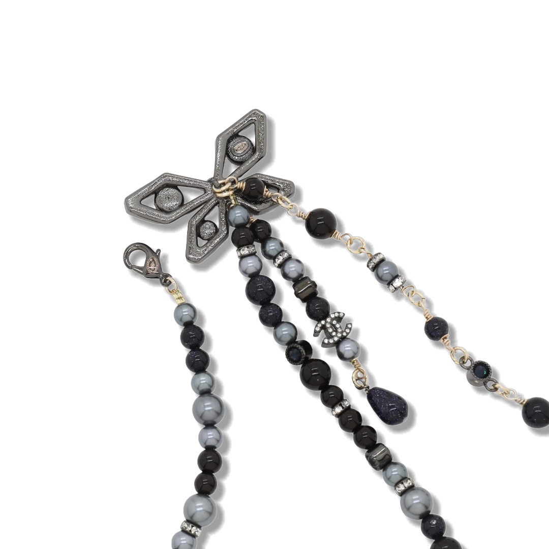 CCL069 Chanel vintage black pearl butterfly tassels long chain sweater necklace for women - ccjewelryacc