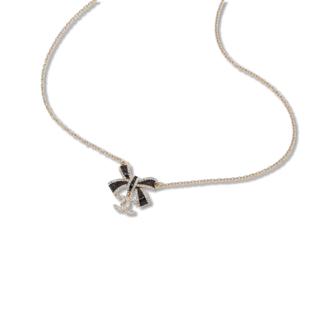CCN141 Chanel Black enamel Bow with crystal cc logo pendant necklace for women - ccjewelryacc