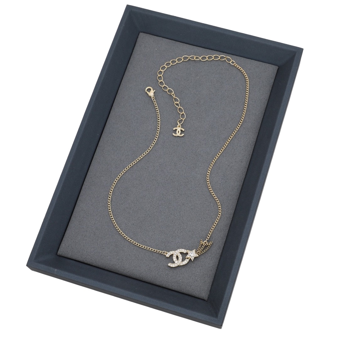 CCN075 Chanel metal chain crystal star cc logo choker necklace for women - ccjewelryacc