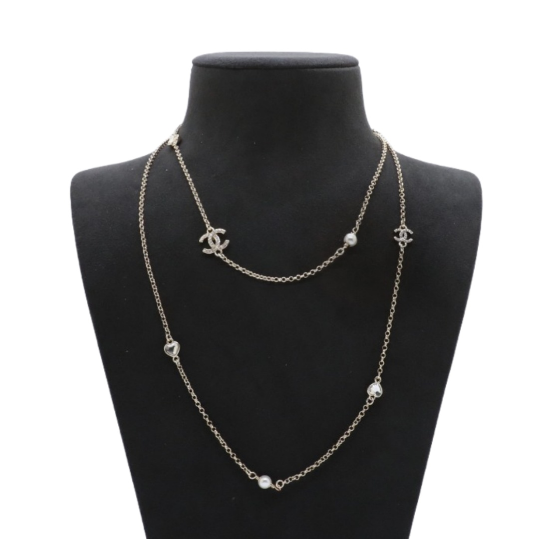 CCL249 Chanel crystal heart cc logo pearl long chain sweater necklace for women - ccjewelryacc