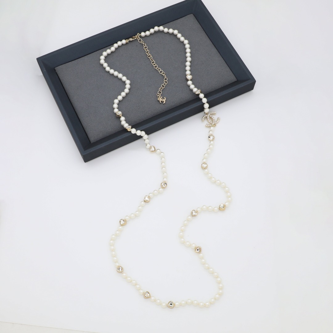 CCL337 Chanel heart crystal cc pearl long chain necklace for women - ccjewelryacc