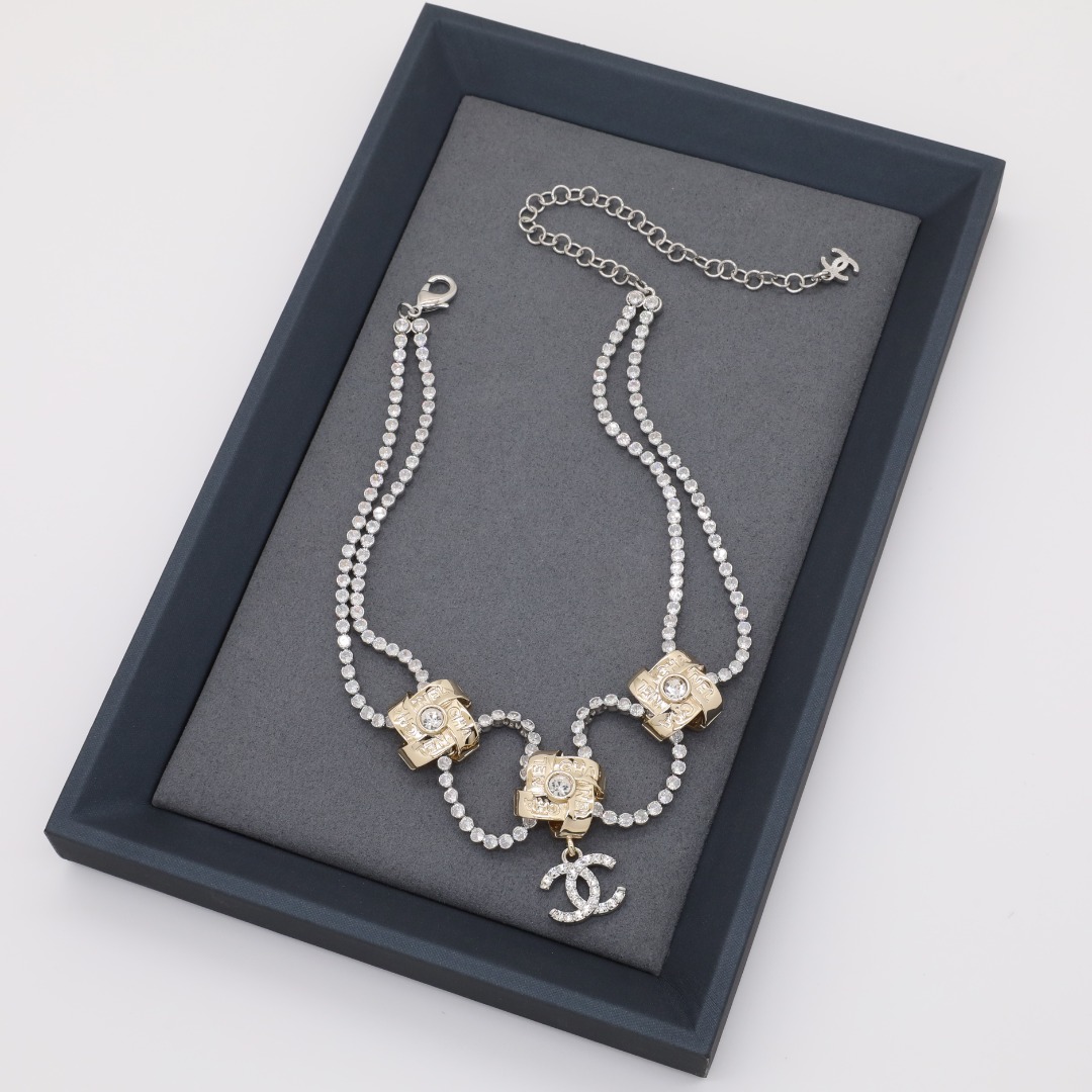 CCN148 Chanel double layer crystal tennies chain choker necklace for women - ccjewelryacc