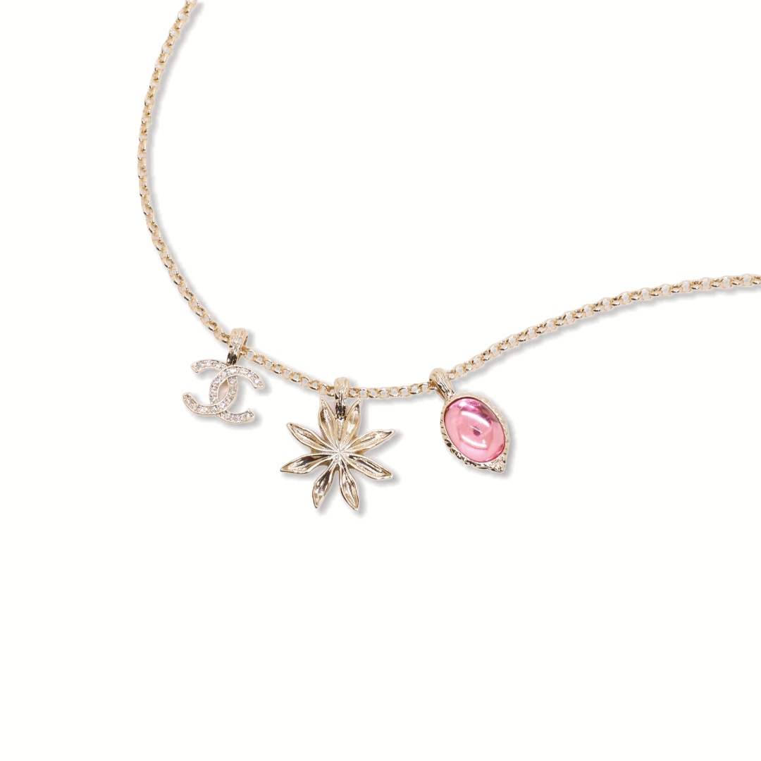 CCN206 Chanel crystal cc logo pink crystal and sunflower charms necklace for women - ccjewelryacc