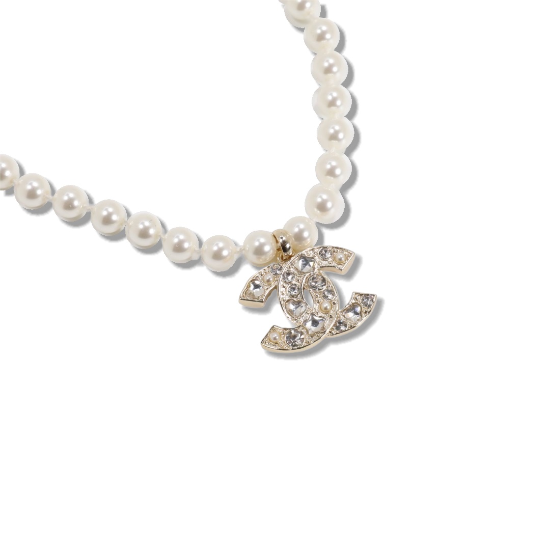 CCN146 Chanel pearl chain with crystal cc logo pendant necklace for women - ccjewelryacc