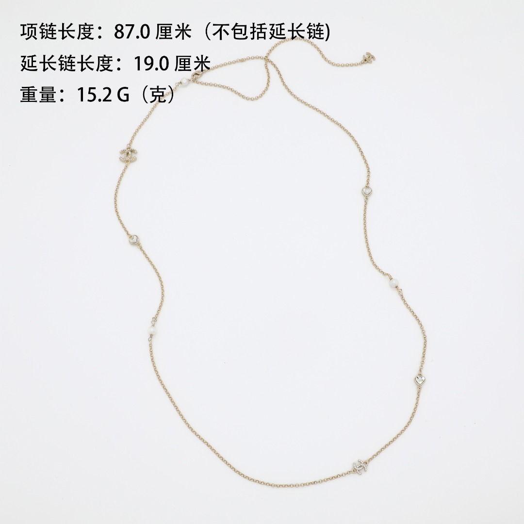 CCL249 Chanel crystal heart cc logo pearl long chain sweater necklace for women - ccjewelryacc