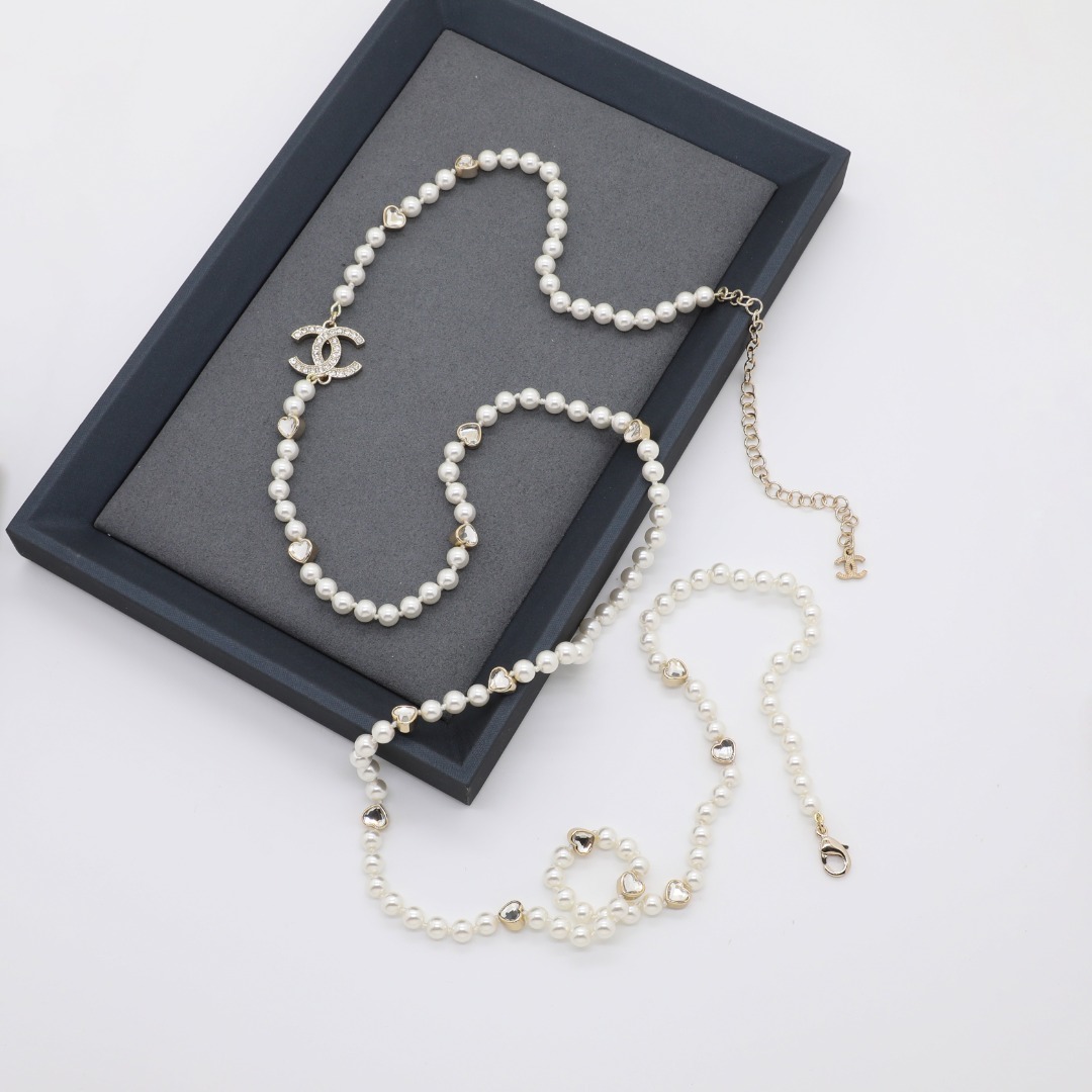 CCL337 Chanel heart crystal cc pearl long chain necklace for women - ccjewelryacc