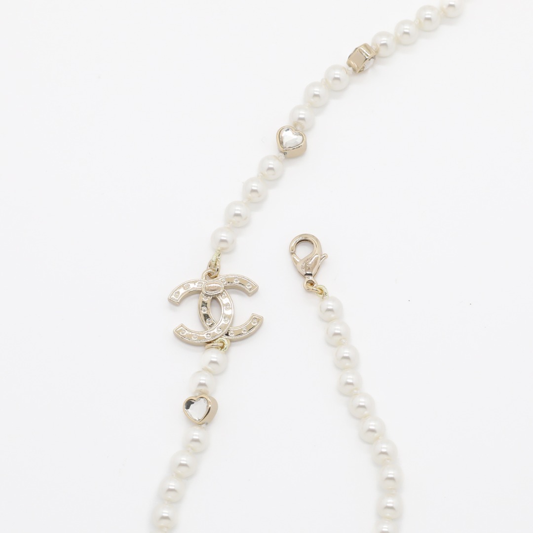 CCL337 Chanel heart crystal cc pearl long chain necklace for women - ccjewelryacc