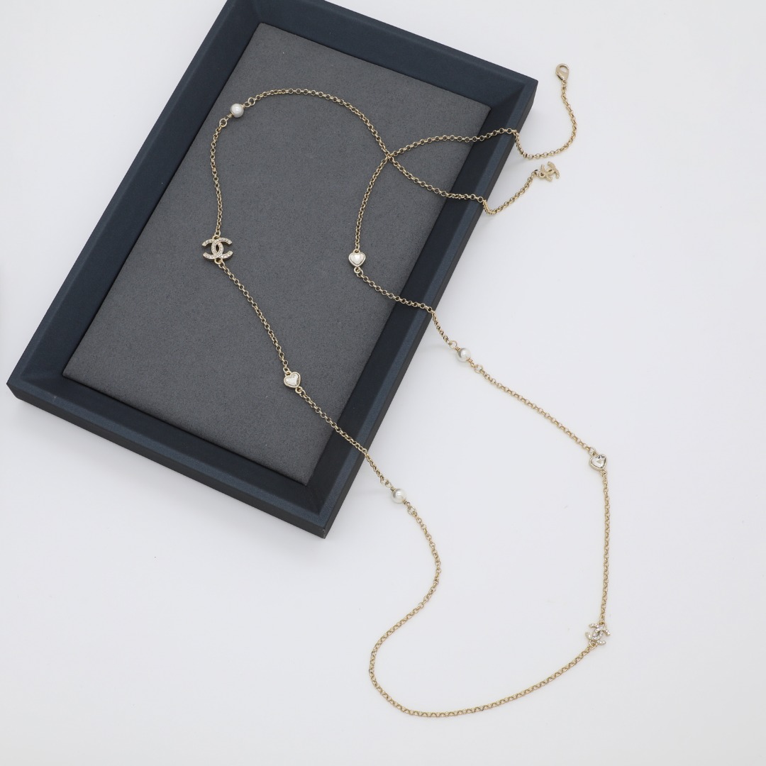 CCL249 Chanel crystal heart cc logo pearl long chain sweater necklace for women - ccjewelryacc