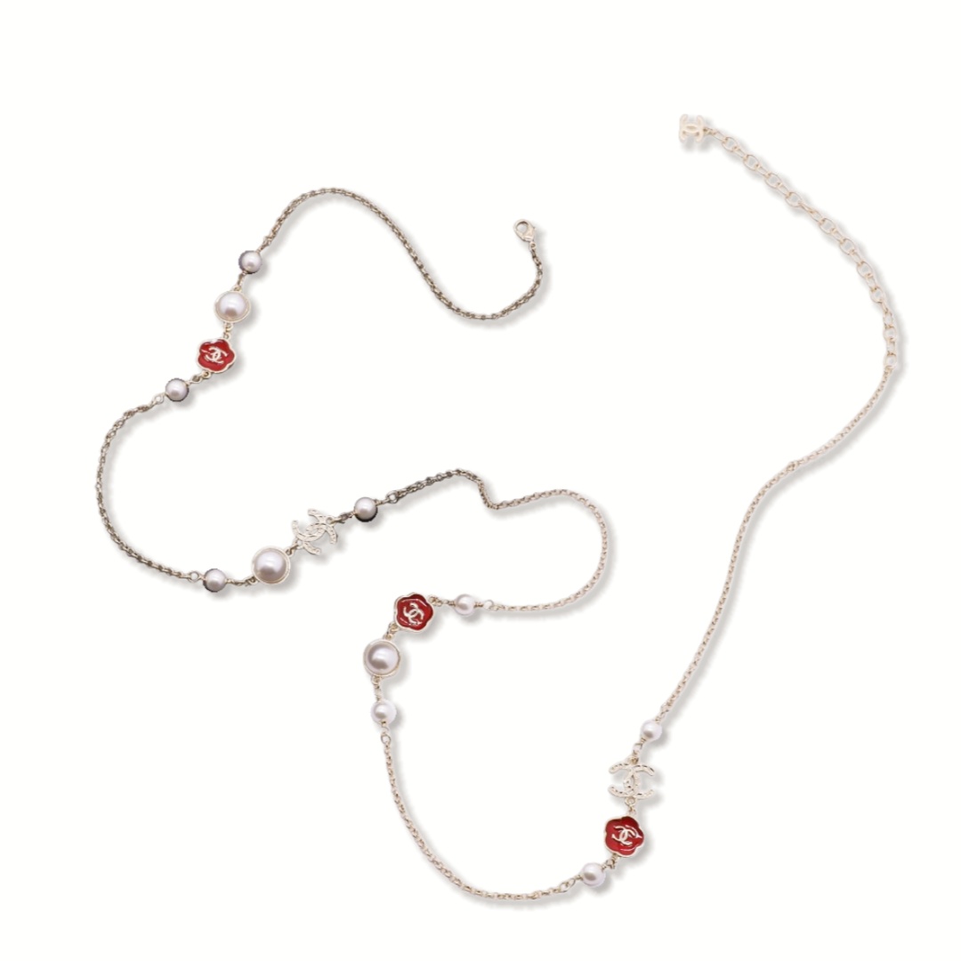 CCL128 Chanel red camellia charms long chain sweater Necklace for women - ccjewelryacc