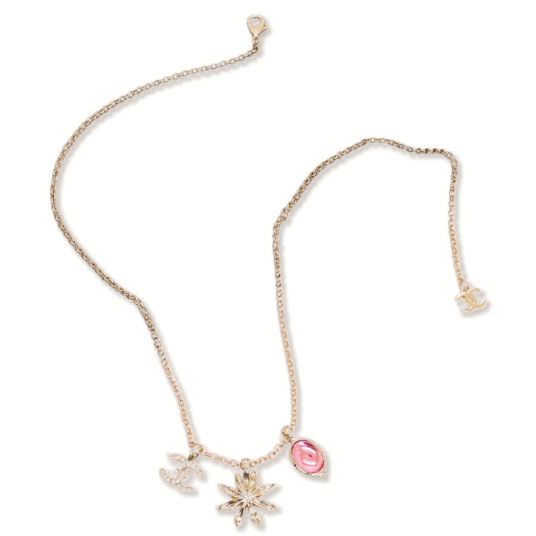CCN206 Chanel crystal cc logo pink crystal and sunflower charms necklace for women - ccjewelryacc