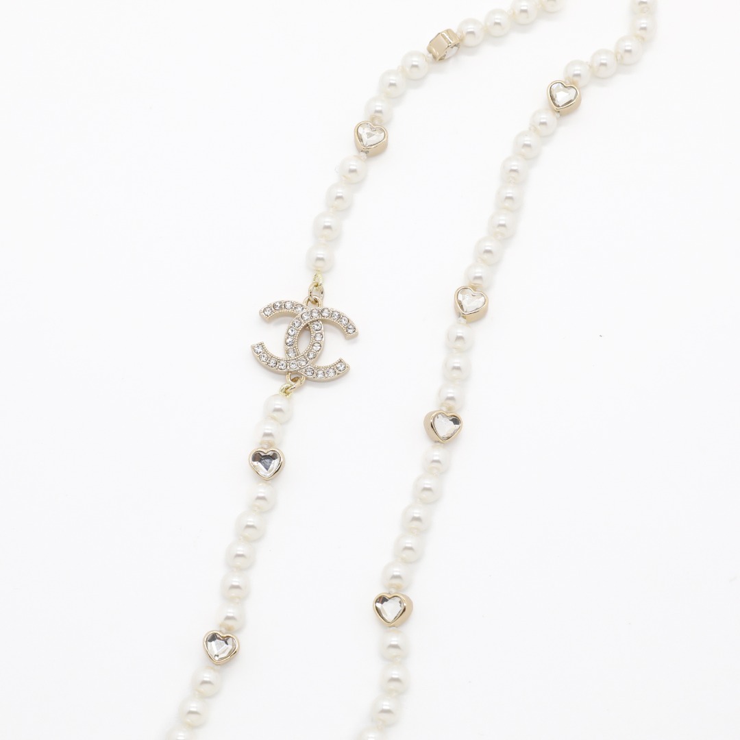 CCL337 Chanel heart crystal cc pearl long chain necklace for women - ccjewelryacc