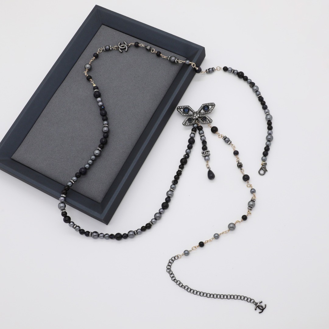 CCL069 Chanel vintage black pearl butterfly tassels long chain sweater necklace for women - ccjewelryacc