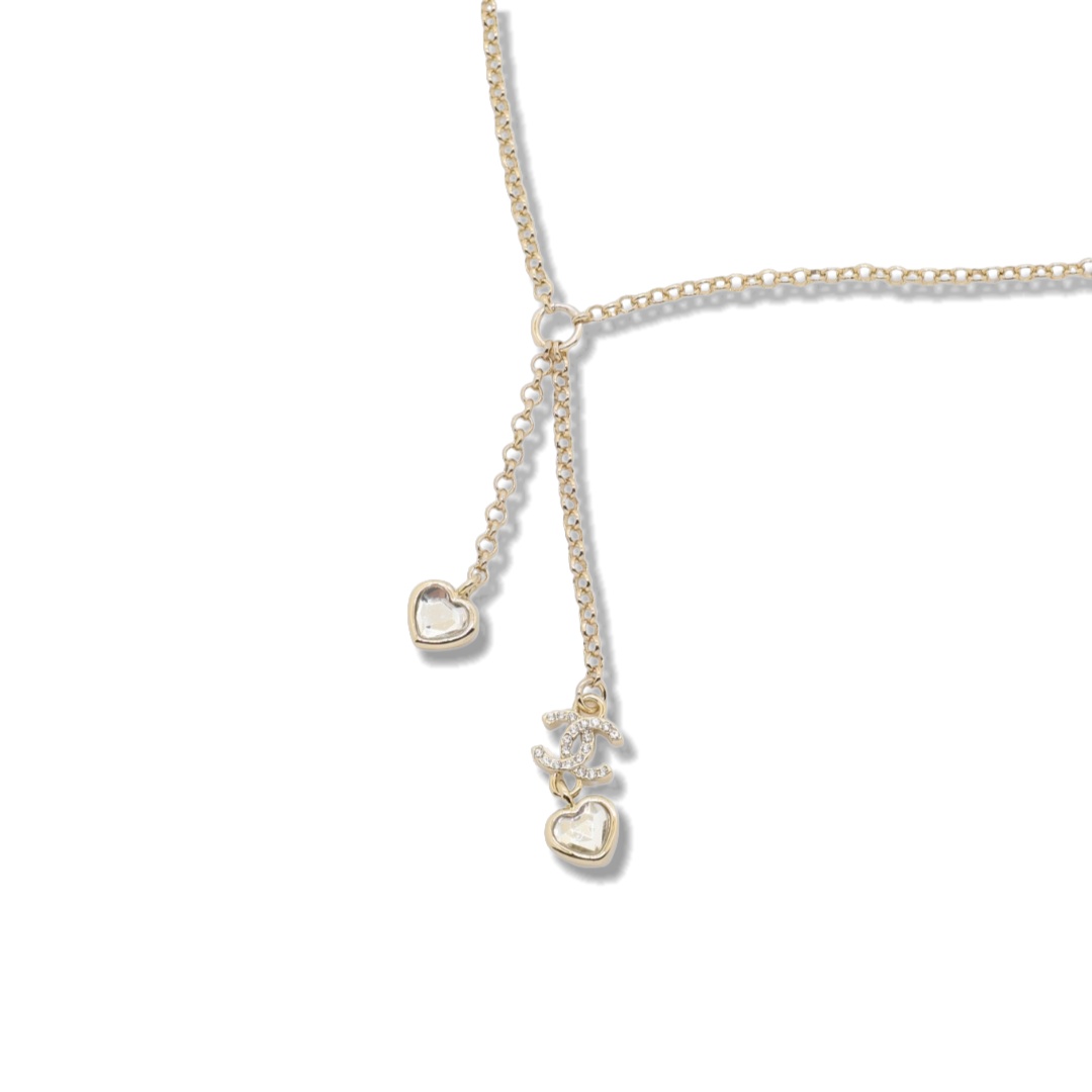 CCN091 Chanel crystal heart cc logo tassels necklace for women - ccjewelryacc