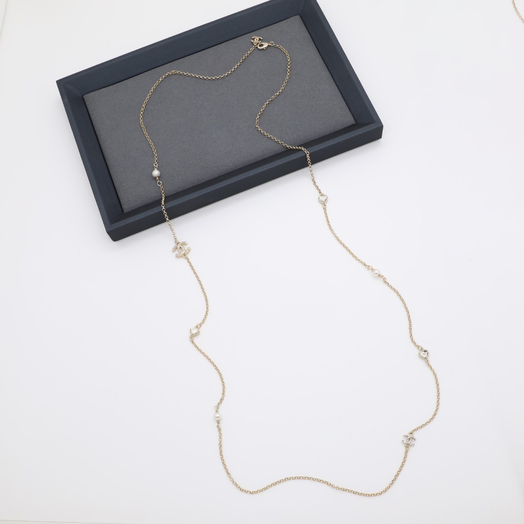 CCL249 Chanel crystal heart cc logo pearl long chain sweater necklace for women - ccjewelryacc