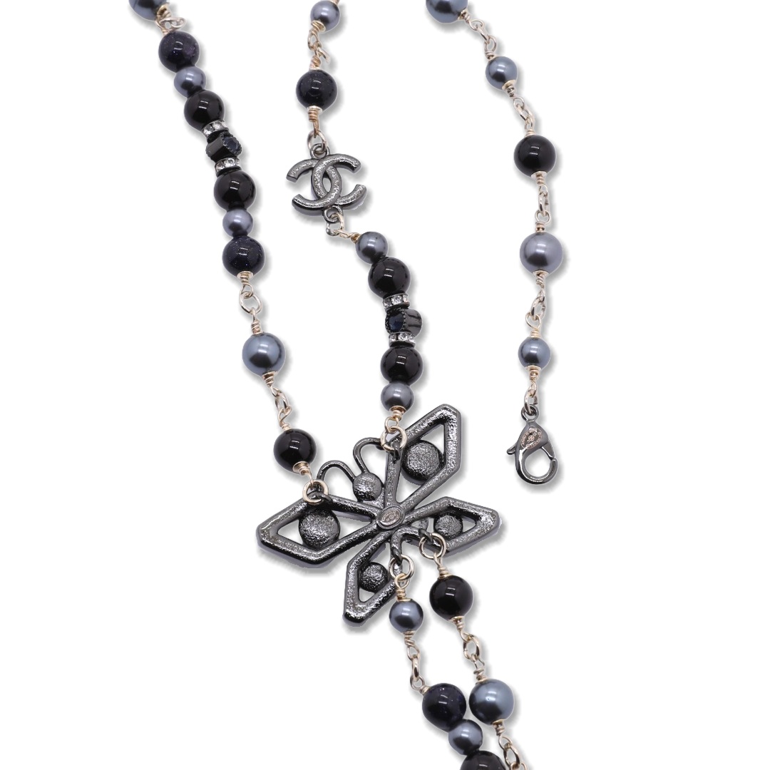 CCN159 Chanel Vintage Gothic style black pearl butterfly tassels necklace for women - ccjewelryacc