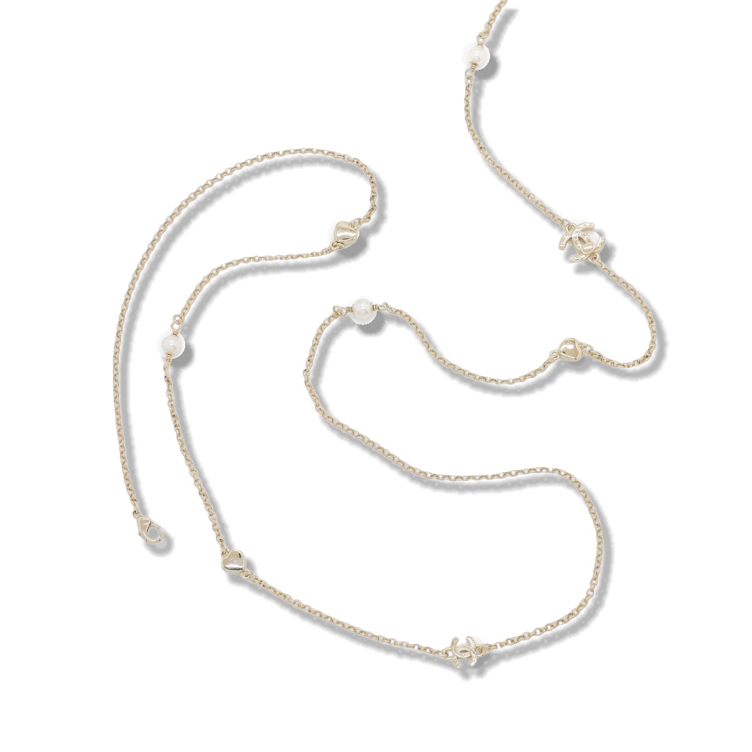 CCL249 Chanel crystal heart cc logo pearl long chain sweater necklace for women - ccjewelryacc