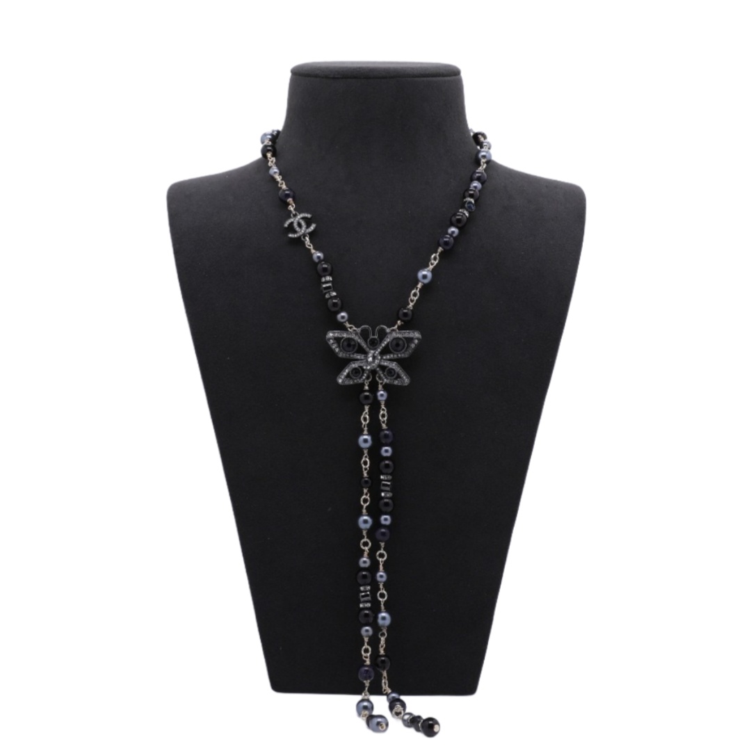 CCN159 Chanel Vintage Gothic style black pearl butterfly tassels necklace for women - ccjewelryacc