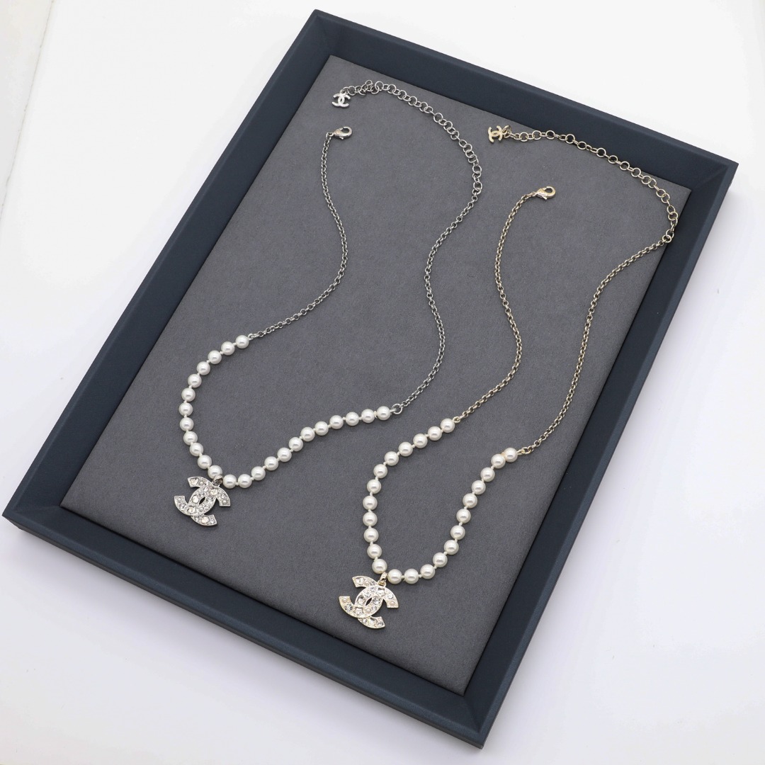 CCN146 Chanel pearl chain with crystal cc logo pendant necklace for women - ccjewelryacc