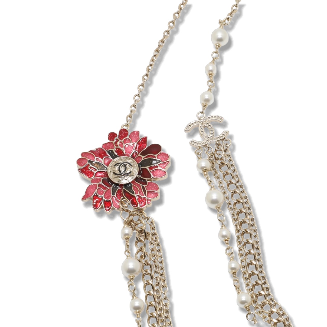 CCL001 Chanel Chinese style color enamel flower pearl long chain sweater necklace for women - ccjewelryacc