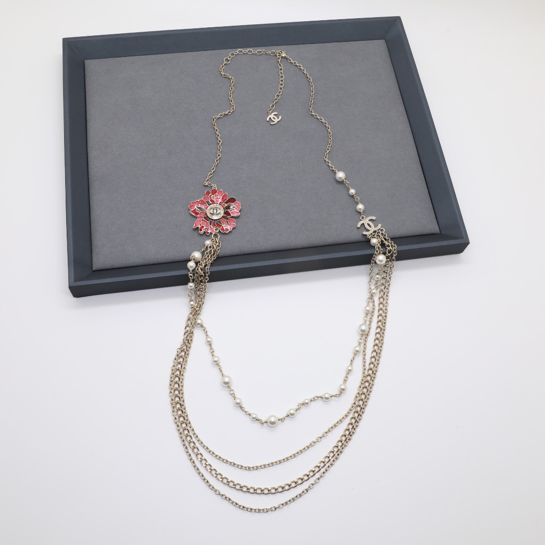 CCL001 Chanel Chinese style color enamel flower pearl long chain sweater necklace for women - ccjewelryacc
