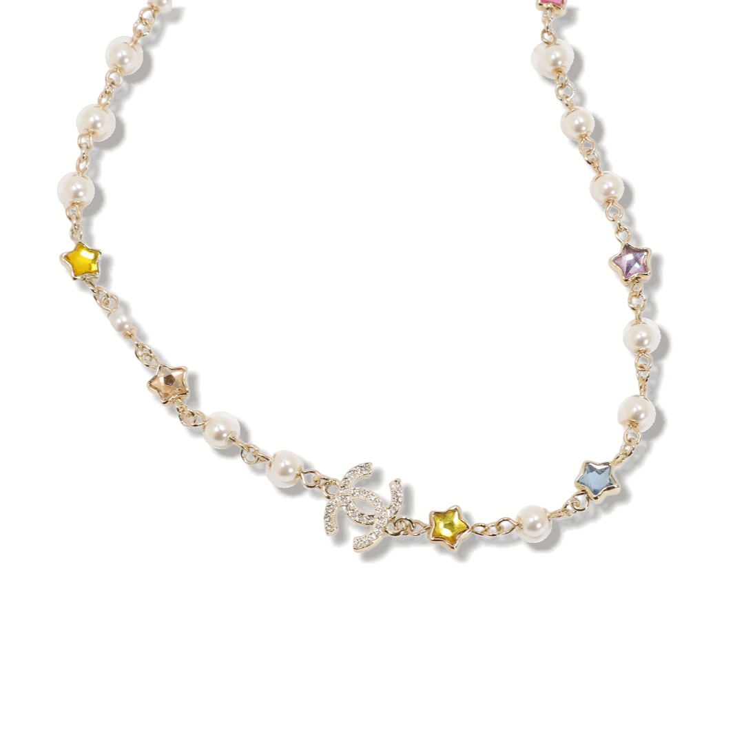 CCN109 Chanel crystal stars heart charms choker necklace - ccjewelryacc