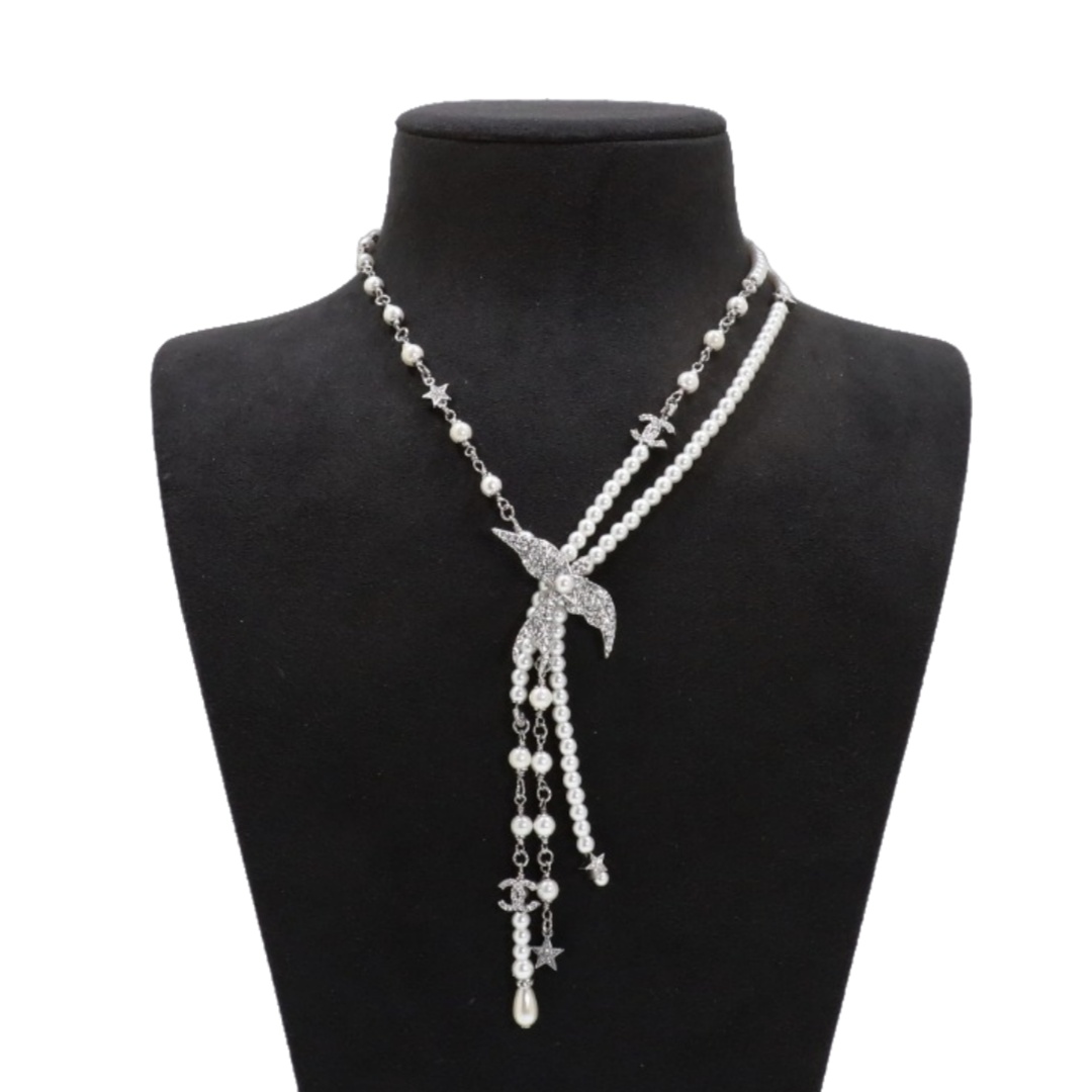 CCN108 Chanel pearl chain with crystal fly bird tassels necklace white gold - ccjewelryacc