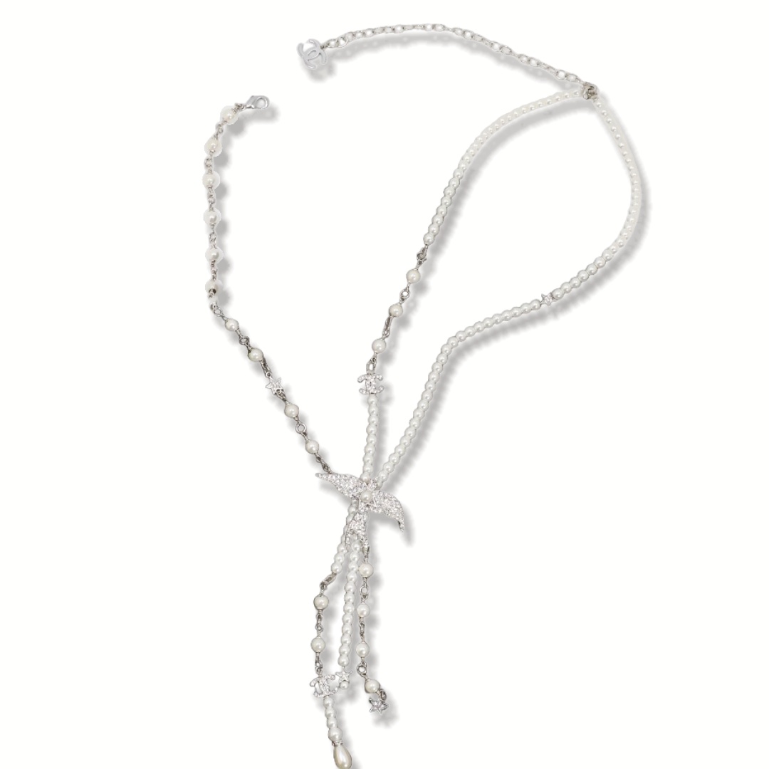 CCN108 Chanel pearl chain with crystal fly bird tassels necklace white gold - ccjewelryacc