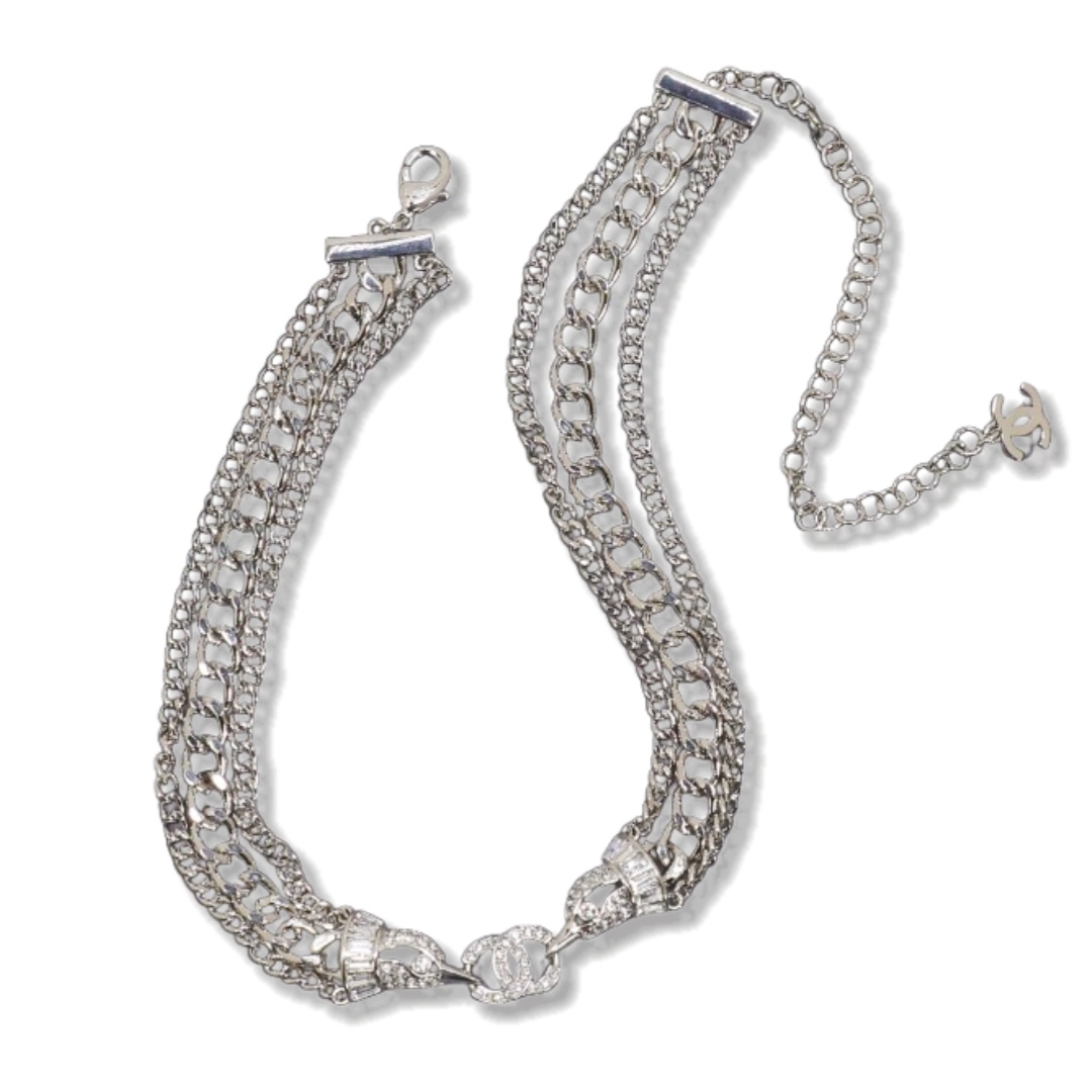 CCN112 Chanel three layer chain choker necklace White Gold - ccjewelryacc