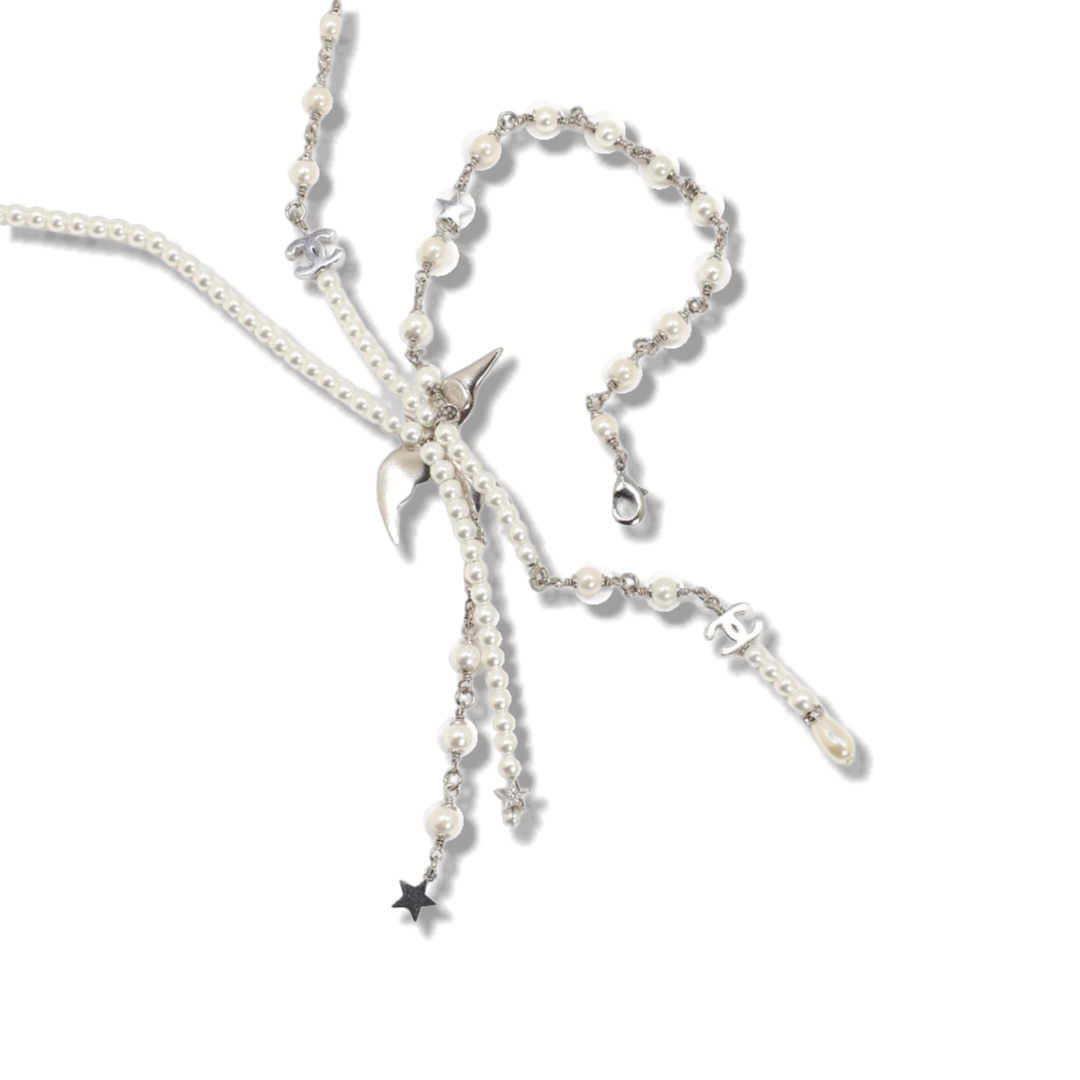 CCN108 Chanel pearl chain with crystal fly bird tassels necklace white gold - ccjewelryacc