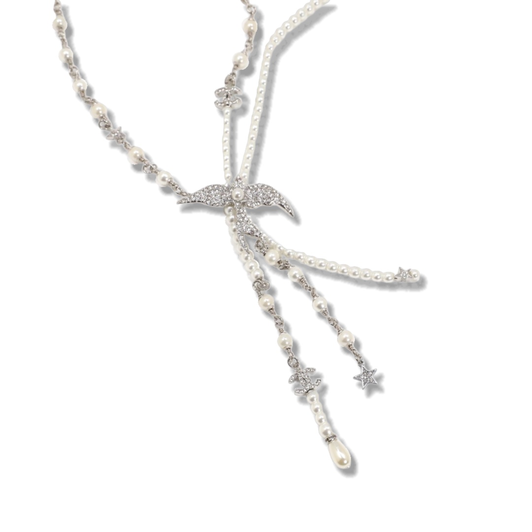CCN108 Chanel pearl chain with crystal fly bird tassels necklace white gold - ccjewelryacc