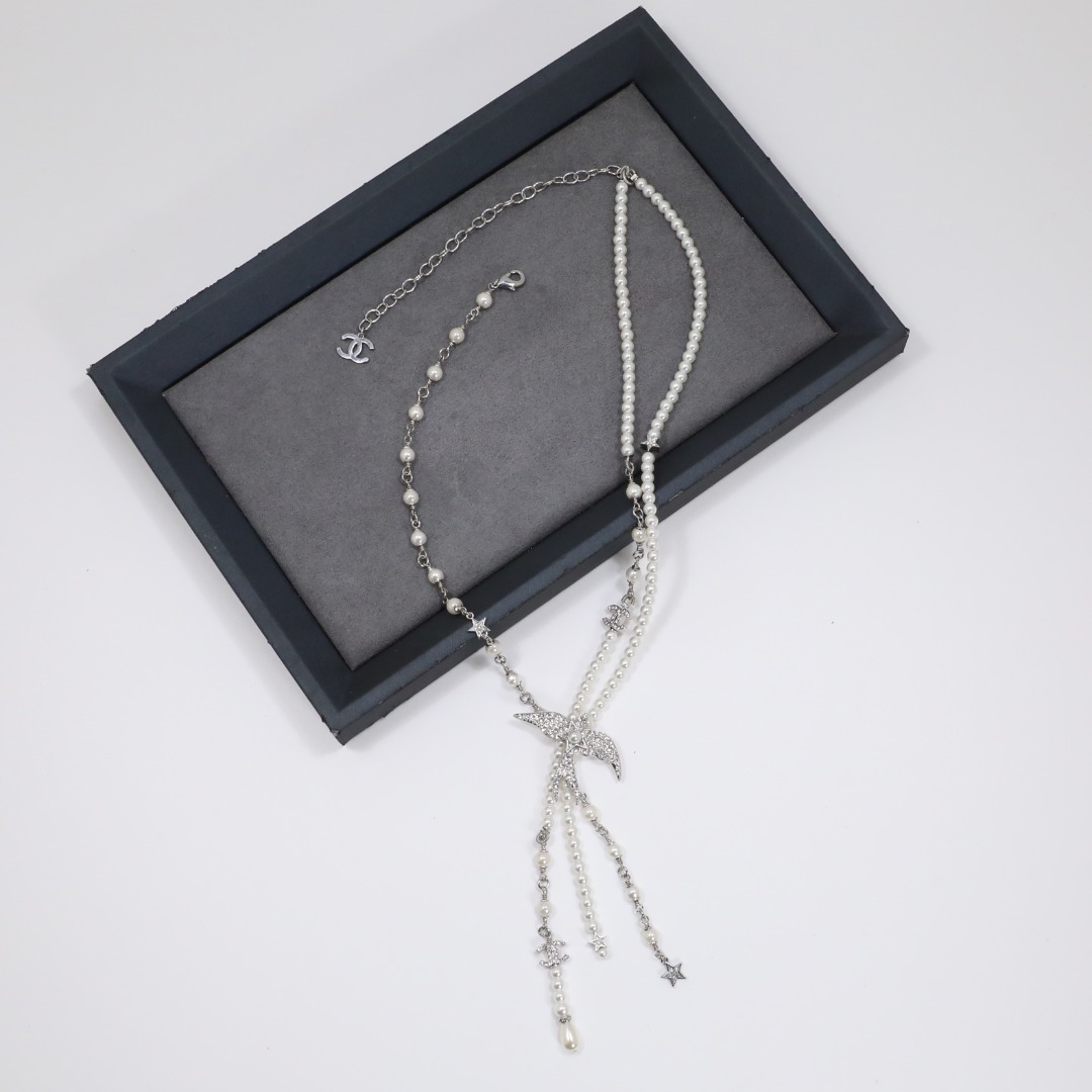 CCN108 Chanel pearl chain with crystal fly bird tassels necklace white gold - ccjewelryacc