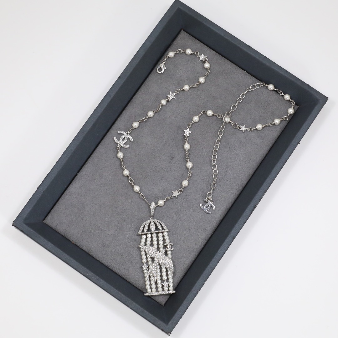 CCN068 Chanel white gold pearl chain flying bird pendant necklace - ccjewelryacc